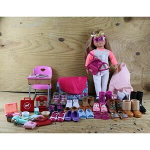 Our Generation Doll Lot of 42 Blonde Girl Shoes Boots Sandals Desk Bean Bag pack